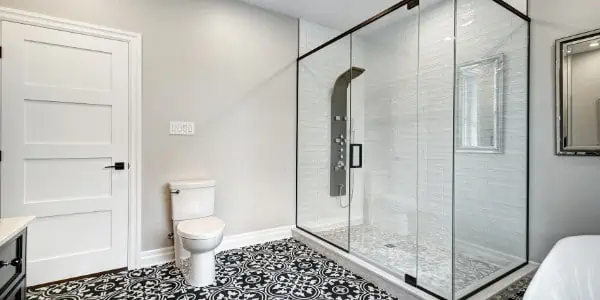 new bathroom with walk in glass shower